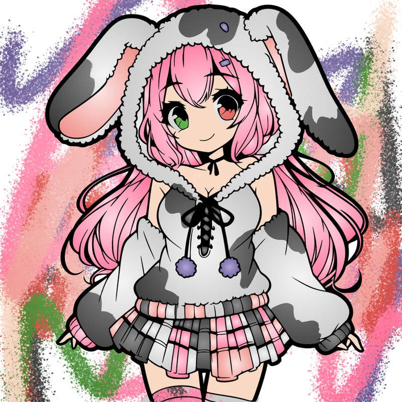 pretty anime girl wearing a fluffy hoodie with bunny ears on the hood and a skirt