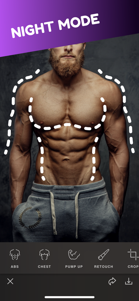 Body Tune for Men－Photo Editor - Body Tune for Men app interface showing a muscular torso with chest and shoulder editing tools in night mode