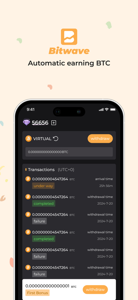 BitBoost - Earn Bitcoin Daily - BitBoost app interface showing a list of Bitcoin withdrawal transactions with status labels like completed and failure.