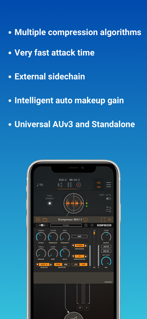 Kompresor - Liste des fonctionnalités et interface utilisateur mobile du plugin audio AUv3 Kompresor