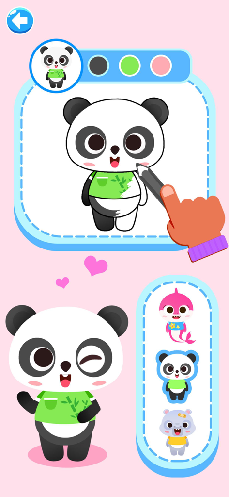 Kids Puzzle ABC Learning Games - Toddler coloring a cute panda character in an educational app screen