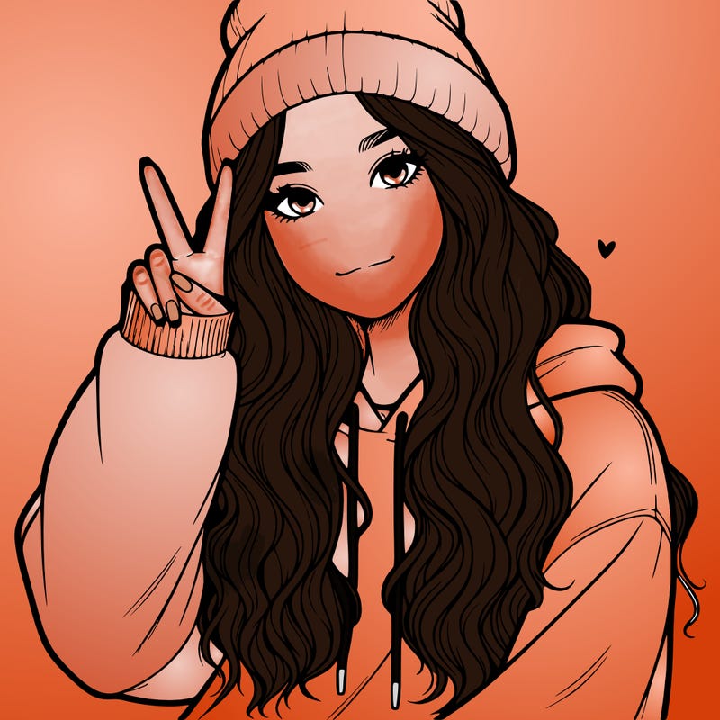 a teenage girl in a beanie, oversized sweatshirt, wavy long hair, and is showing a ✌️