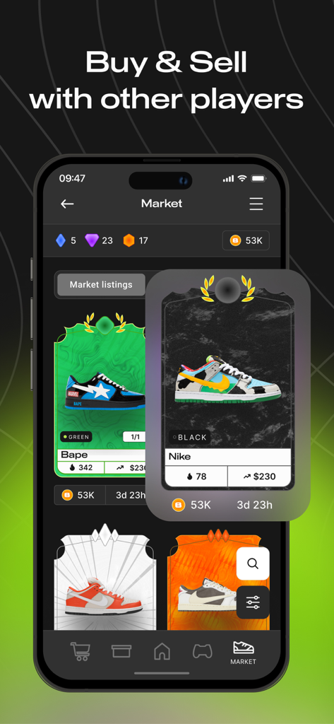 BoxedUp: Sneaker Trading Game - Interface of the BoxedUp sneaker trading game showing the market where players can buy and sell digital sneaker cards