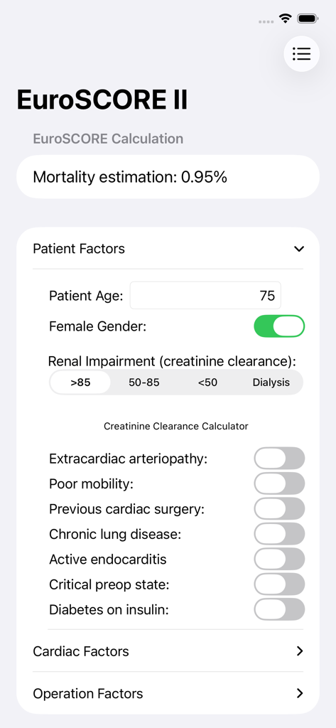 Interface do aplicativo EuroSCORE II mostrando cálculo de estimativa de mortalidade e campos de entrada de fatores do paciente
