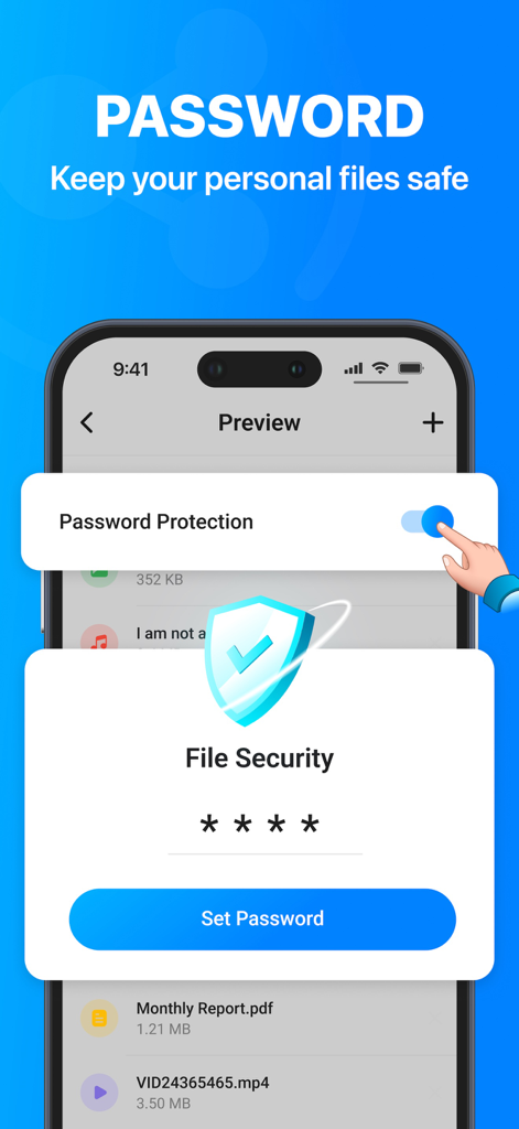 Share Me: File Transfer App - Oberfläche der Share Me App, die Passwortschutz und Dateisicherheitsfunktionen für sichere Dateifreigabe anzeigt