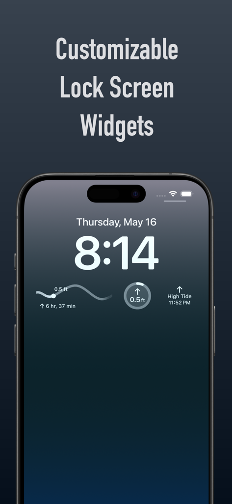 Tide Alert (NOAA) - Tide Chart - iPhone lock screen showing custom tide widgets with current tide height and graph.