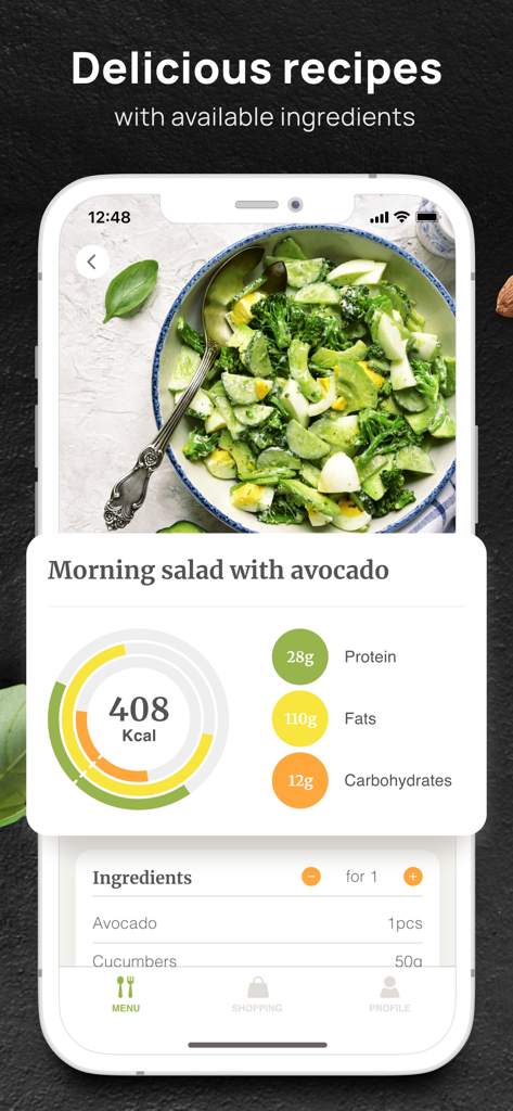 PEP: Keto - Diet plan tracker - Interfaz de la aplicación PEP Keto que muestra una receta de ensalada matutina con desglose de calorías y macronutrientes para el seguimiento