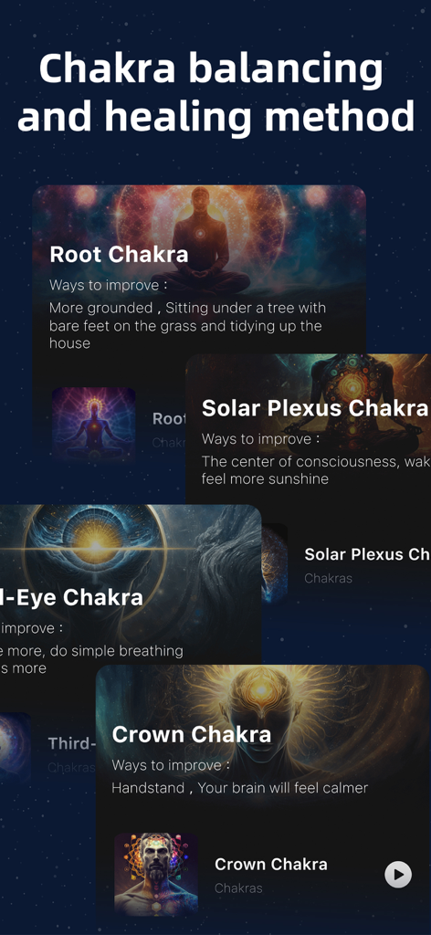 A mobile app interface displaying chakra balancing and healing methods for different energy centers.