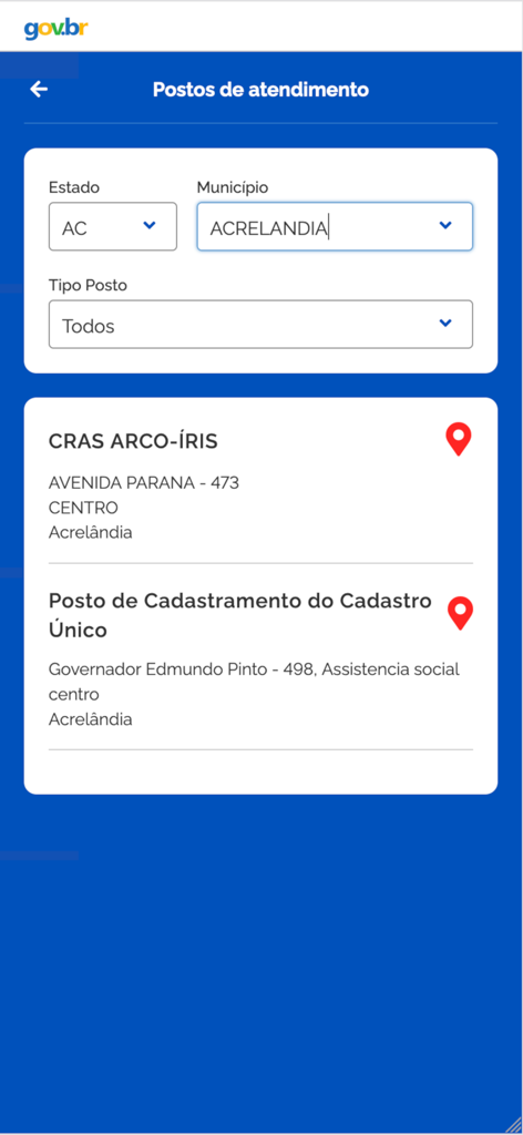 Cadastro Único - Mobile screen showing search results for social service centers in Brazil within the Cadastro Unico app