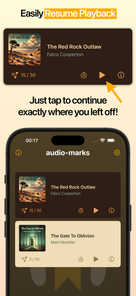 audio-marks - A mobile app screen for audio-marks showing a list of audiobooks with a play button to resume playback from a saved position.