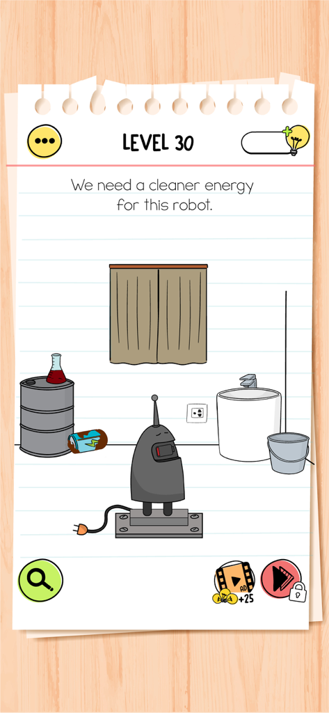 A puzzle level from Brain Test 4 asking for cleaner energy for a robot