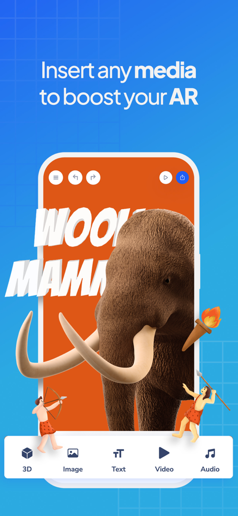 Mobile App-Oberfläche mit einem 3D-Wollhaarmammut-Modell und Werkzeugen zur Erstellung interaktiver Augmented-Reality-Projekte.