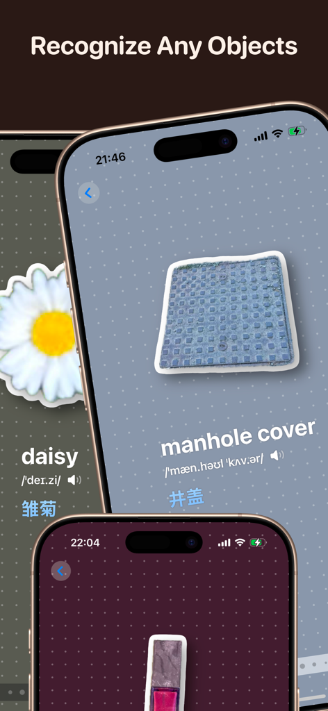 Vocabulary Builder Dictionary - Vocabulary Builder app interface showing object recognition and stickers for language learning