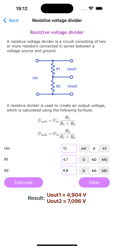 Resistor color codes calc - 電気計算のための回路図、数式、入力フィールドを備えた抵抗分圧器計算機の画面ショット。