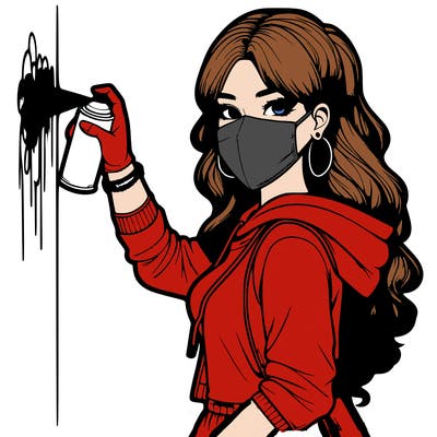 realistic girl with mask spray painting a wall