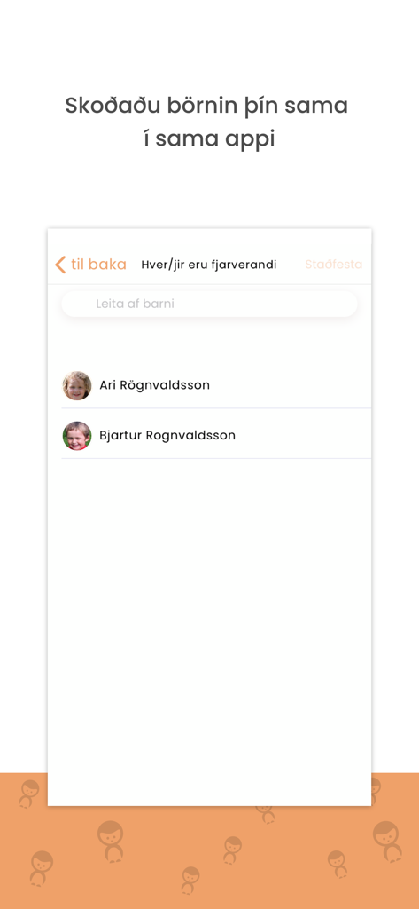 Karellen - Uma interface móvel do aplicativo Karellen mostrando uma lista de crianças para acompanhamento de frequência.