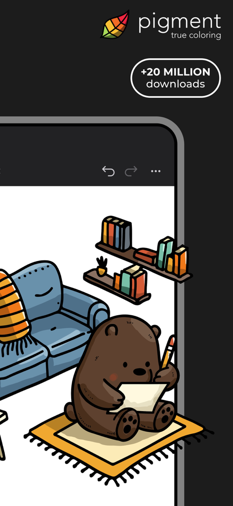 A digital illustration of a cute bear drawing in a cozy room from the Pigment adult coloring book app