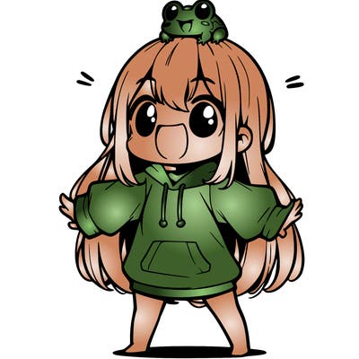 a excited chibi girl whith long hair and a baggy shirt whith a frog on there head
