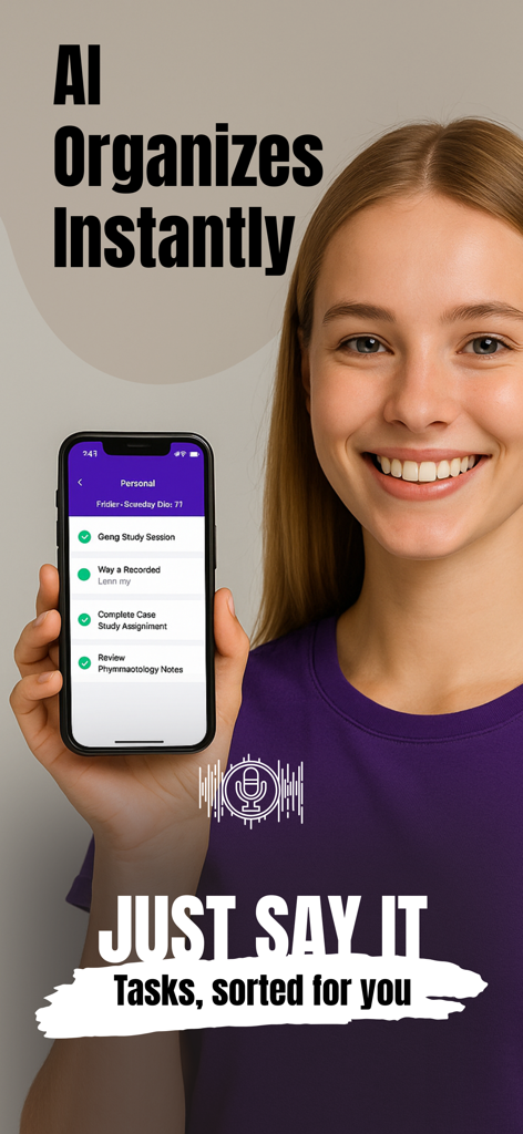 Check List Voice Tasks & Lists - Uma mulher sorridente segurando um smartphone mostrando a interface do aplicativo Check List com tarefas criadas por voz