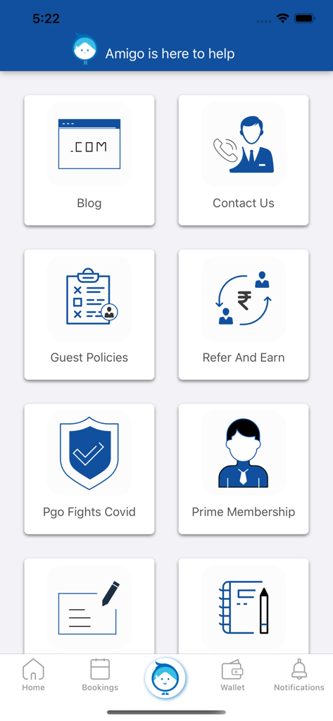 PGO - Schermata di supporto dell'app mobile PGO con icone di menu per blog, contattaci, politiche per gli ospiti e premi