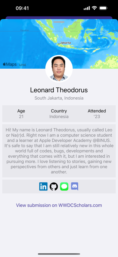 WWDCScholars - User profile screen of a scholarship winner showing personal bio, social media links, and a location map.