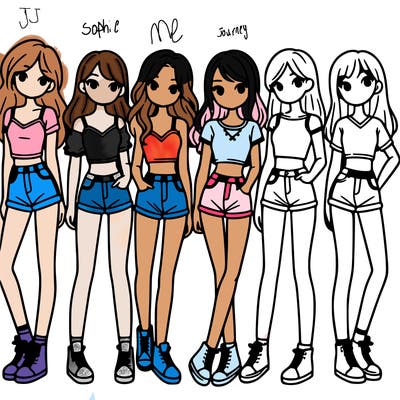 a group of girls wearing crop tops and shorts
