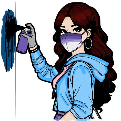 realistic girl with mask spray painting a wall