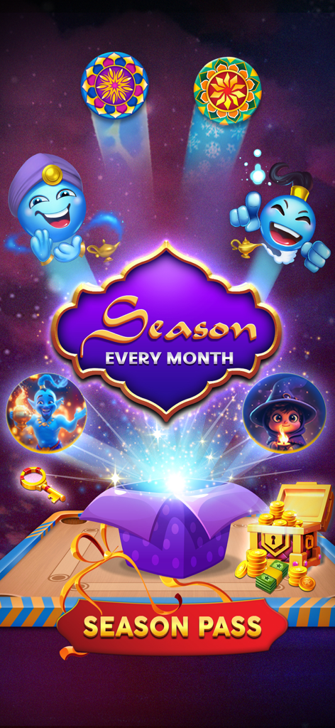 마법 테마의 월별 보상과 함께 카롬 킹 모바일 게임 시즌 패스 화면