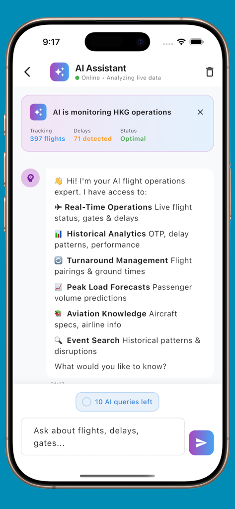HK Airport iPlane - AI Assistant interface in the HK Airport iPlane mobile app showing flight operation features