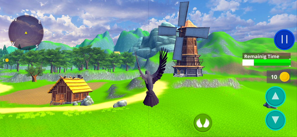 Raven Crow Bird Simulator 3D - A raven flying over a medieval village with a windmill and green hills in a 3D bird simulator game