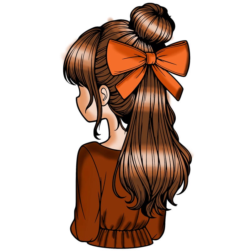 realistic girl  with hip length hair a bun and a big bow on the back of head