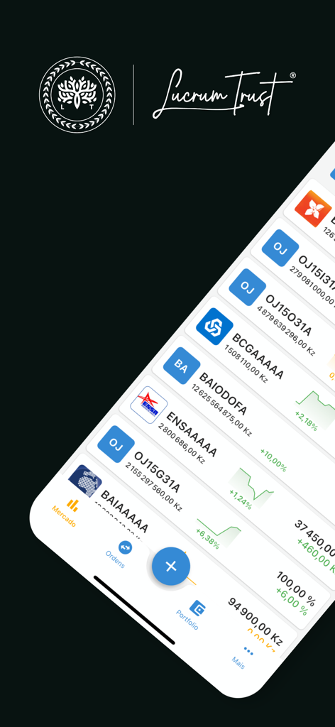 Lucrum Invest - Visualização de portfólio do aplicativo Lucrum Invest mostrando preços e tendências do mercado de ações angolano