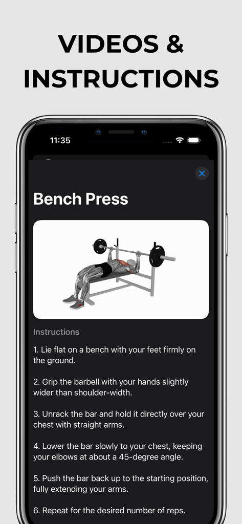 Fit Records - Workout Tracker - Bench press exercise guide with anatomical illustration and step by step instructions in the Fit Records app.