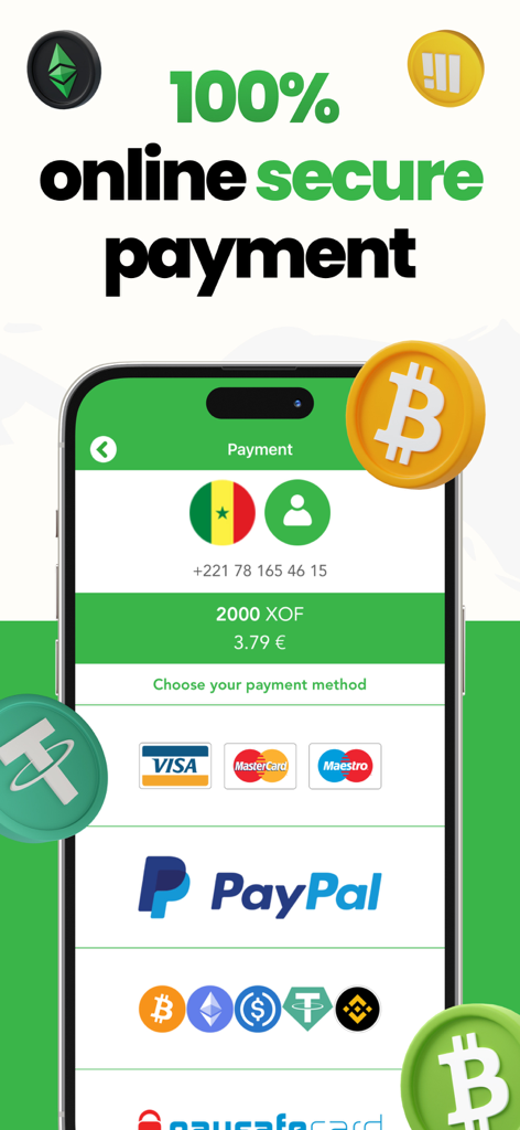 Sift Phone Recharge & Top up - Sift app screenshot displaying secure online payment methods including PayPal credit cards and cryptocurrencies for international phone recharges