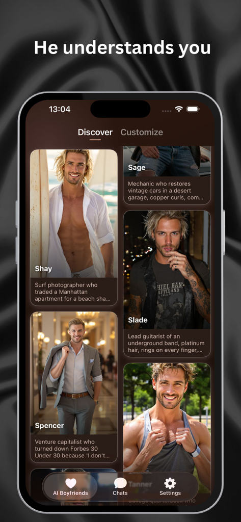 Virtual Boyfriend Chat - AI BF - Interface of the Virtual Boyfriend app showing different AI male character profiles to choose from.