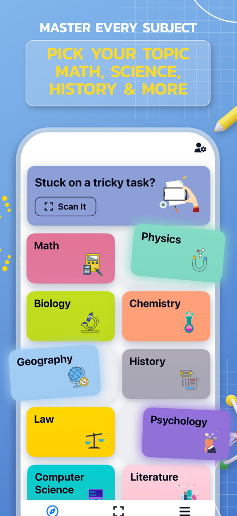Solve - AI Homework Helper - A screenshot of the Solve AI app displaying a grid of academic subjects including Math Physics Biology and Chemistry with a Scan It button for homework problems