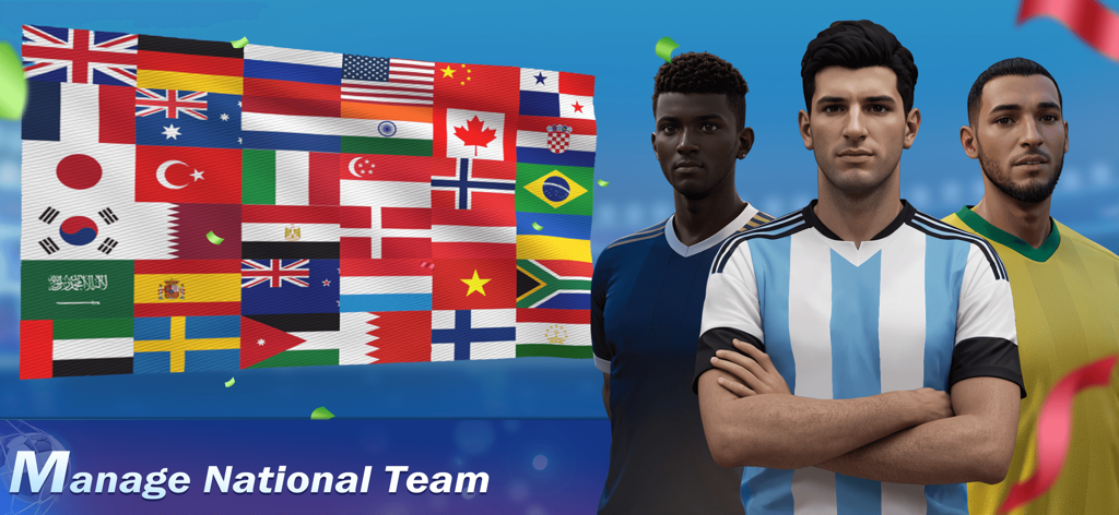 Fußballspieler in Nationaltrikots und eine Collage aus Weltflaggen mit dem Text Nationalmannschaft managen