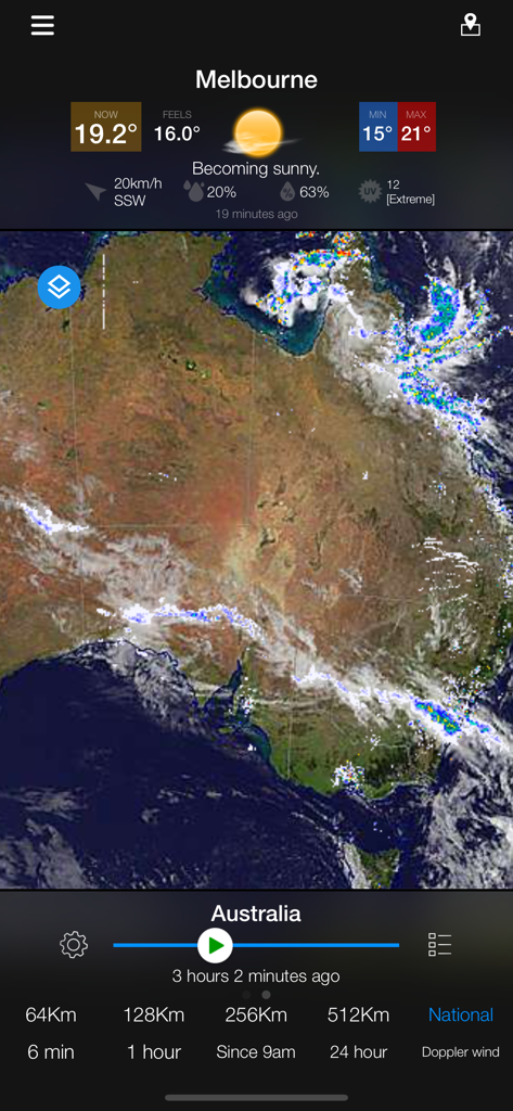 AUS Radar: WeatherAlert - AUS Radar WeatherAlert app interface showing a national satellite weather map of Australia and current conditions for Melbourne