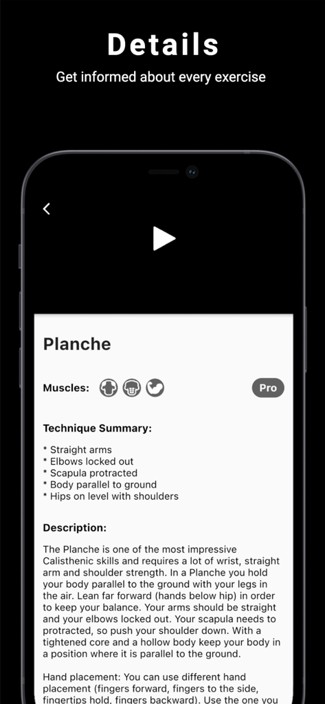 Thenics app screen displaying the technique summary and description for the Planche calisthenics skill