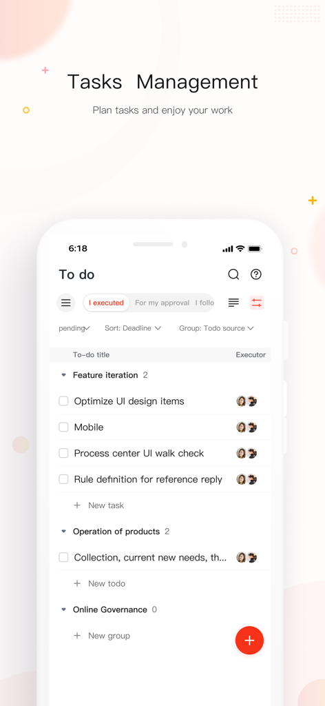 JoyME app screen showing the tasks management interface with a collaborative to-do list and team project tracking.
