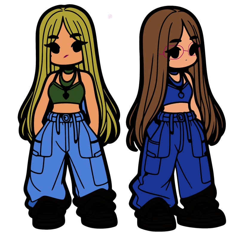 girl in baggy pants crop top and long hair
