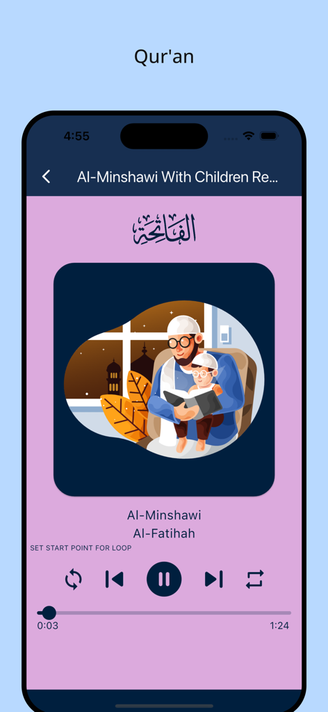 Al-Minshawi With Children app audio player screen displaying Surah Al-Fatihah with an illustration of a father and child reading