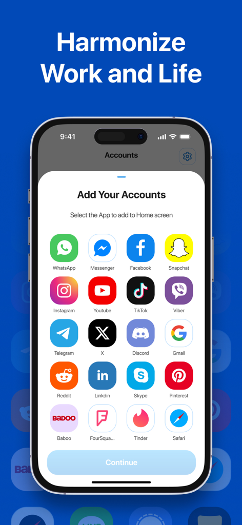 WhatsApp, Facebook, Instagram과 같은 소셜 미디어 아이콘 목록을 보여주며 복수 계정을 추가하기 위한 듀얼 스페이스 앱 인터페이스