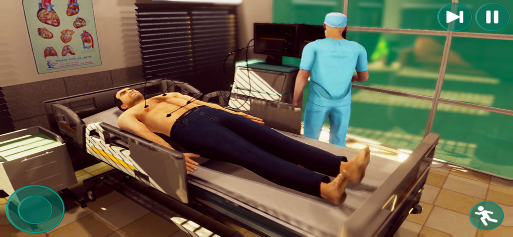 My Doctor - Dream Hospital Sim - A 3D simulation of a doctor treating a patient on a hospital bed in an emergency room