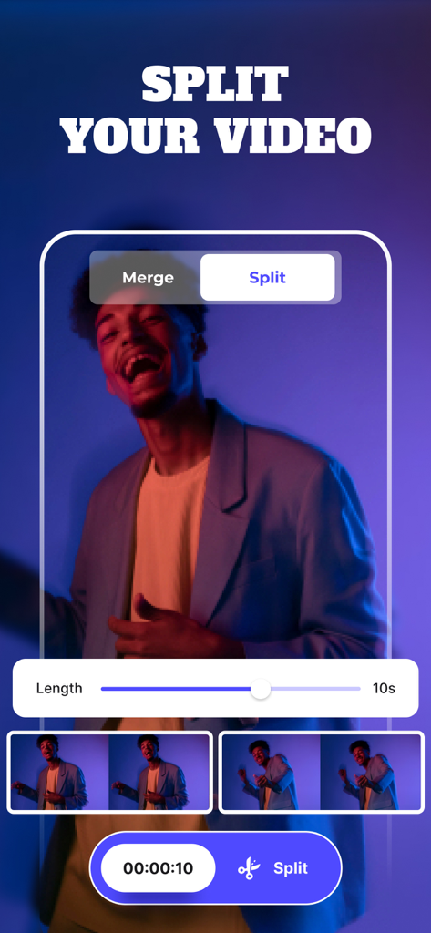 Video Merger & Splitter - Interface de um aplicativo móvel mostrando um recurso de divisão de vídeo com um controle deslizante de comprimento e um botão de divisão