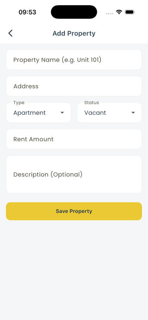 Read Progre: Renting-Tenants - Interface para adicionar uma nova propriedade de aluguel com campos para nome da propriedade, endereço, tipo e valor do aluguel.