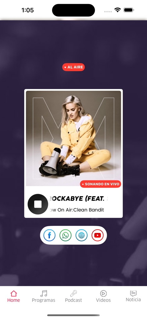 Rayo 96.5 Fm - Rayo 96.5 FM app showing the live radio player with social media links