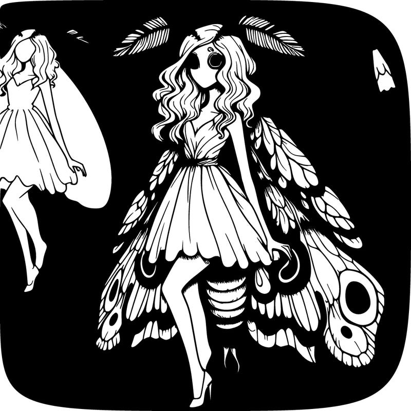 a fantasy art of a moth hybrid human with moth antennas and wings that is a deaths-head moth with a nice chest and rear and skinny that is a girl and have human form but just antennas and wings and a dress and a human head and body and long long long hair