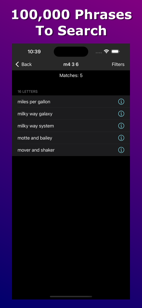 Anagram Solver - Crosswords - 「miles per gallon」や「motte and bailey」のような一般的なクロスワードフレーズを示す検索結果リスト。