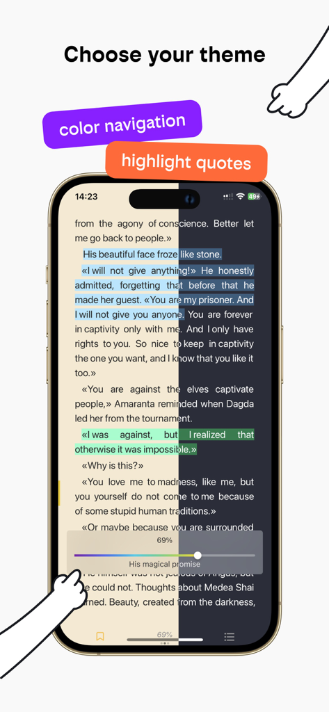 Beeline Books app interface showing light and dark reading themes with highlighted text